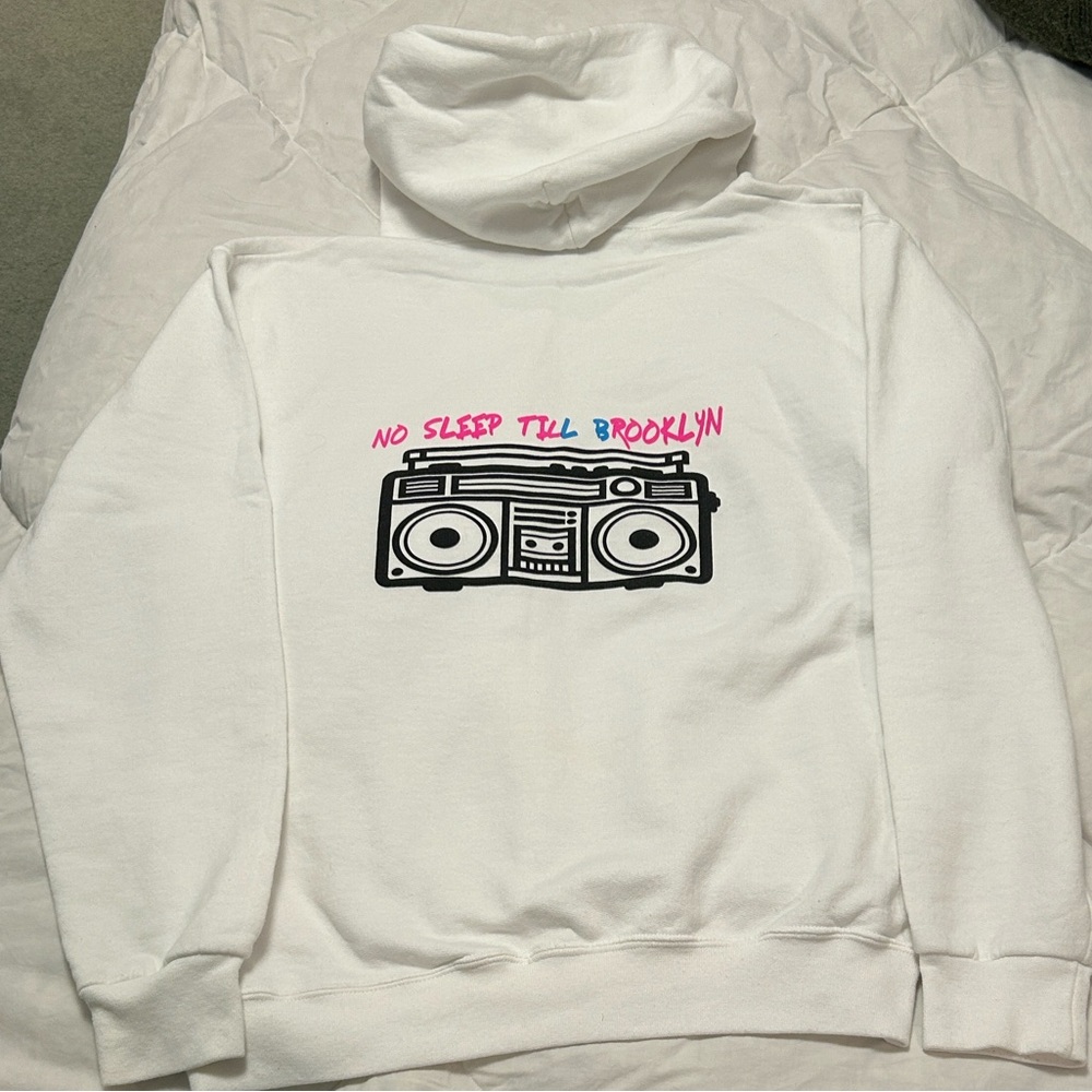Jerzeez White Hoodie with Boombox  ‘No Sleep Till Brooklyn’ Graphic
